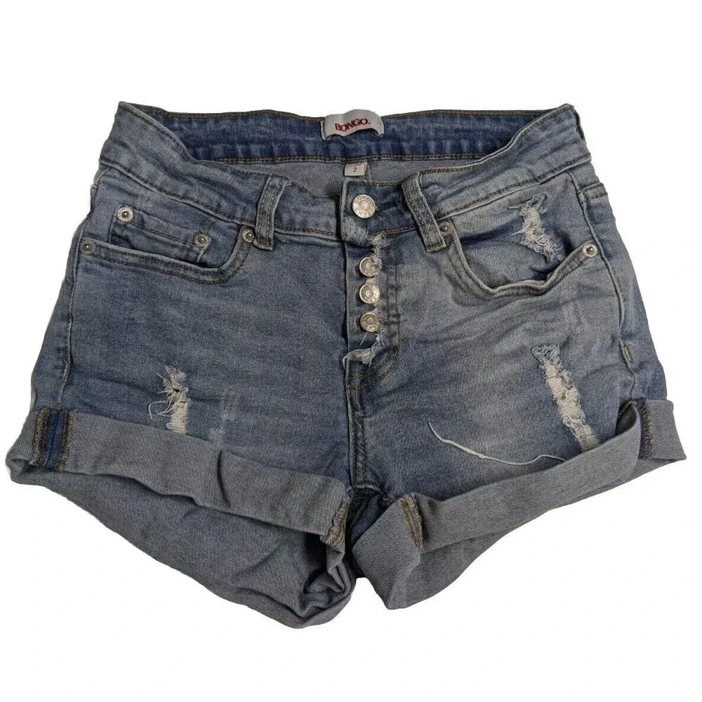 Bongo Denim Shorts Women Size 2 Button Fly Distressed Blue Medium Wash 2